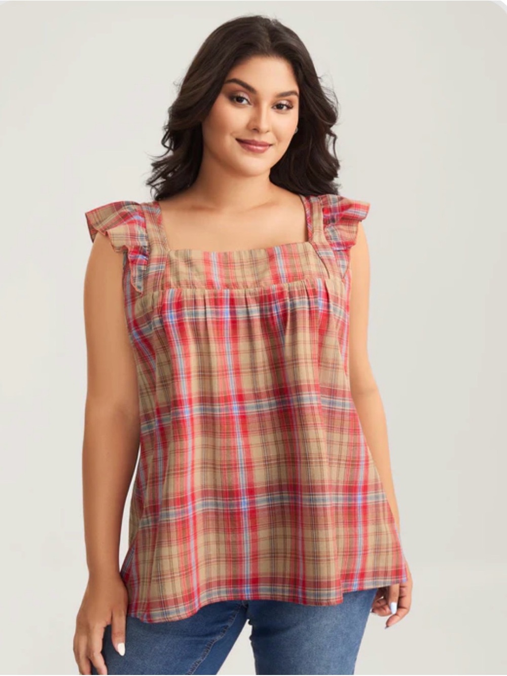 BloomChic Plaid Flutter Sleeve Babydoll Top Pink Red Beige Cottagecore Size XL
